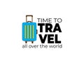 Time to Travel all over the world. Blue baggage. Vector isolated illustration on white background